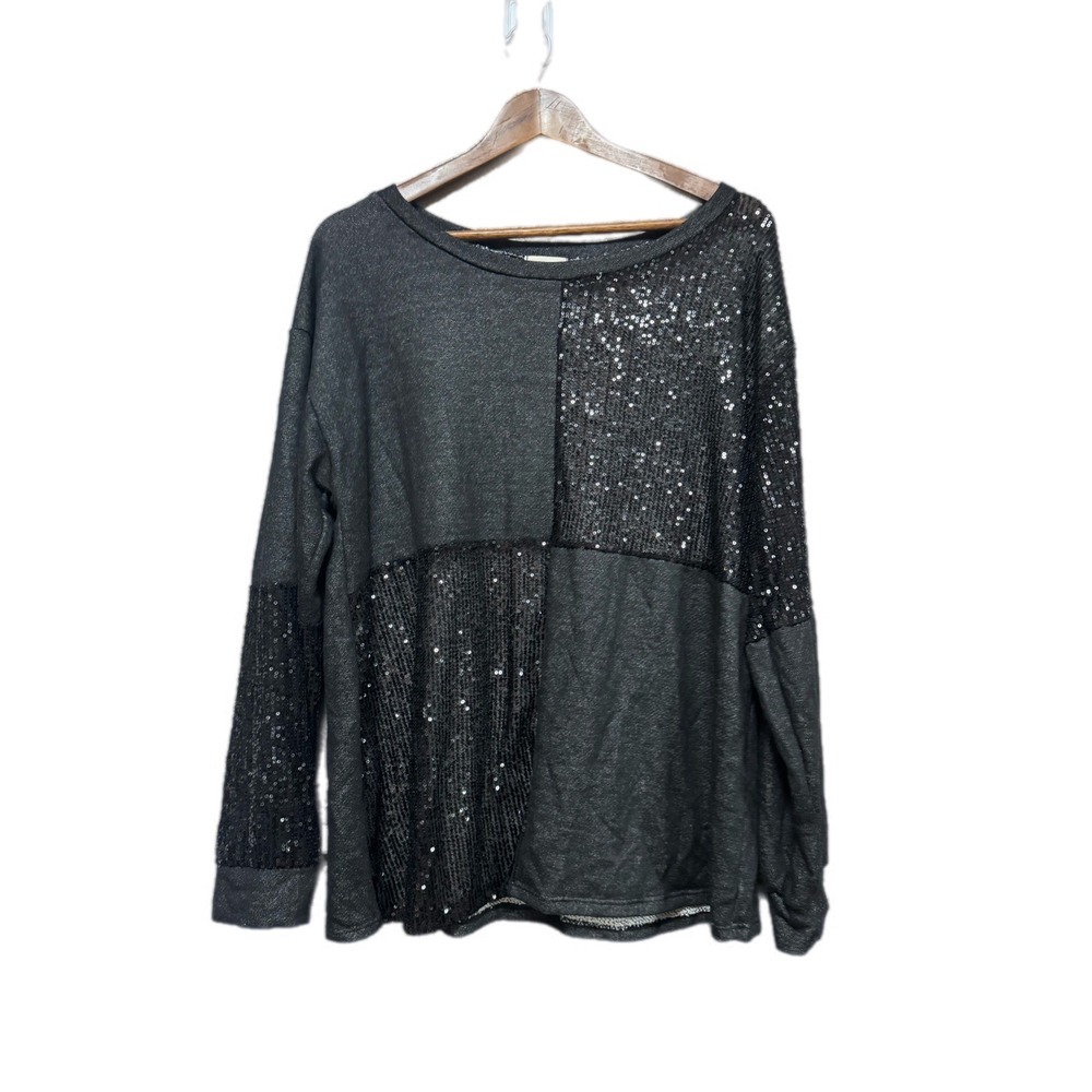 BiBi Sequin Colorblock Sweatshirt Women XL Gray Black Excellent Long Sleeve Top